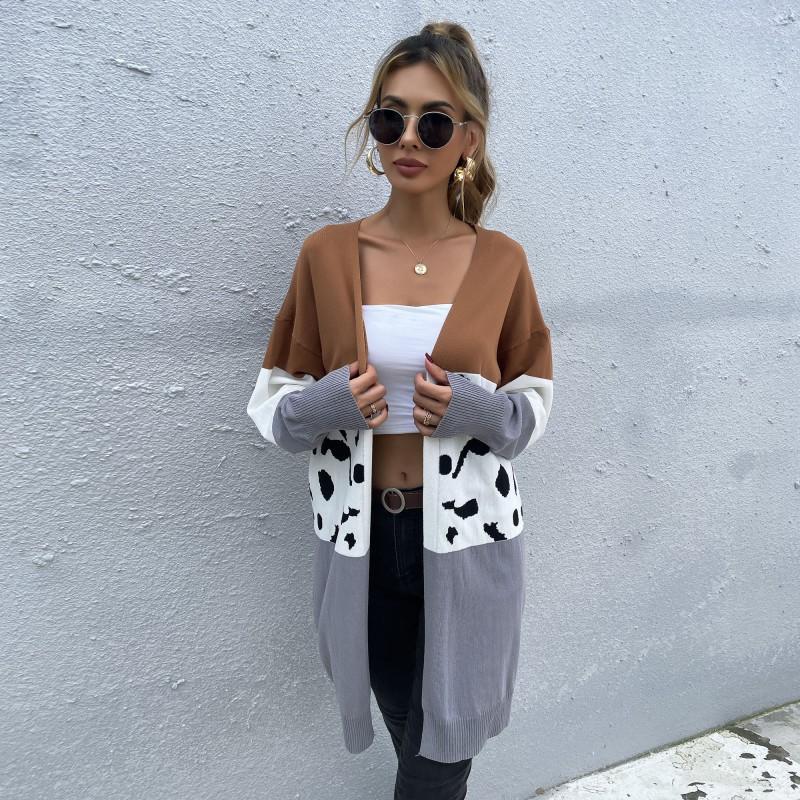 Long Leopard Print Panel Cardigan Knitted Sweater Jacket