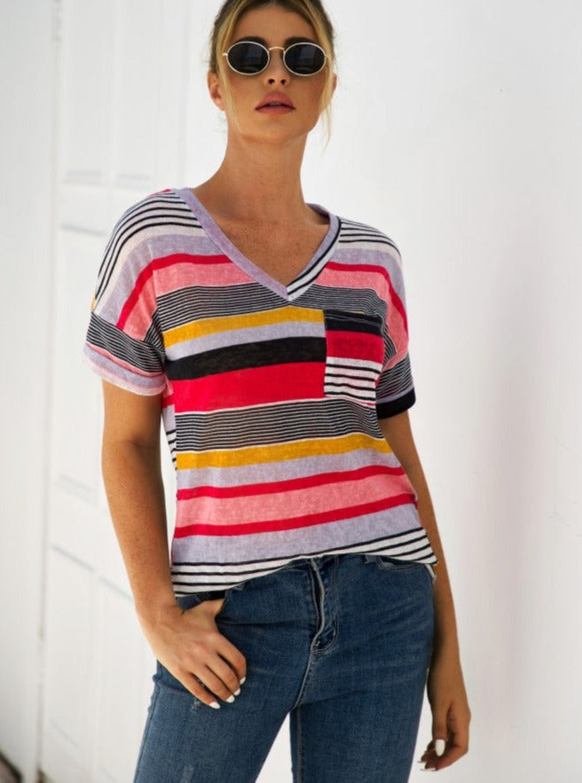 Summer Pocket Striped Short Sleeve T Shirt