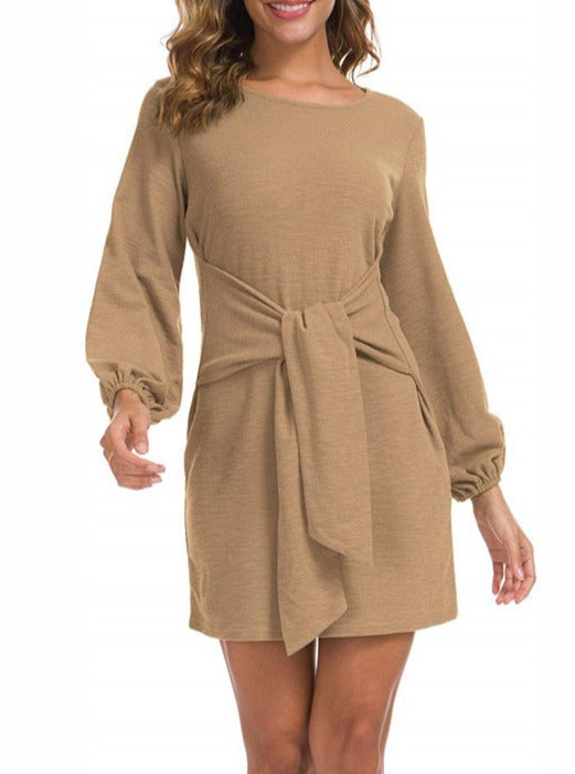 Women's Waist Long-sleeved Lace-up Solid Color Dress