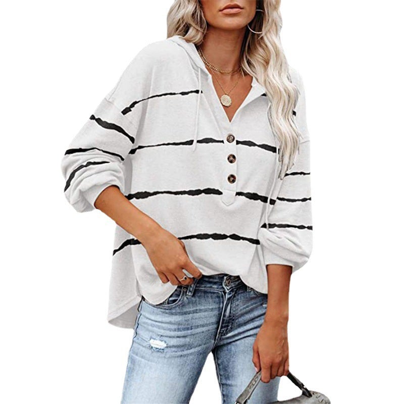 V-neck Buttoned Casual Hooded Top