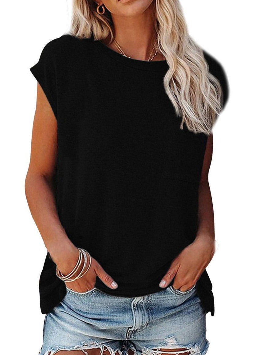 Amazon Round Neck Loose Off-shoulder Solid Color Top Short Sleeve T-shirt