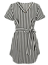 Load image into Gallery viewer, Modern V Neck Striped Printed Button-down Mini Length Shirt Dress
