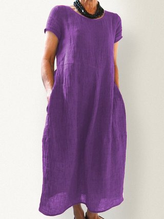 Casual Short Sleeve Solid Color Cotton Linen Loose Maxi Dress