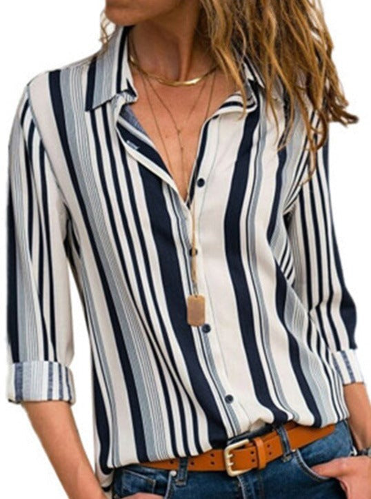 Striped Casual V-Neck Long Sleeve Chiffon Blouse Blouse
