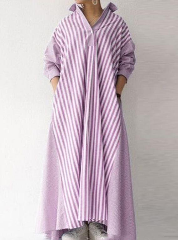 Casual Lapel Collar Long Sleeve Striped Pattern Patchwork Polyester Ankle-Length Shirt Dress