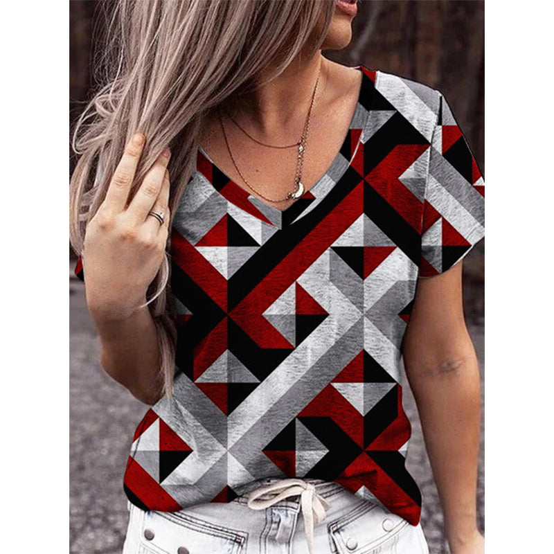 Fashion V-Neck Geometric Print Plus Size Short Sleeve T-Shirt