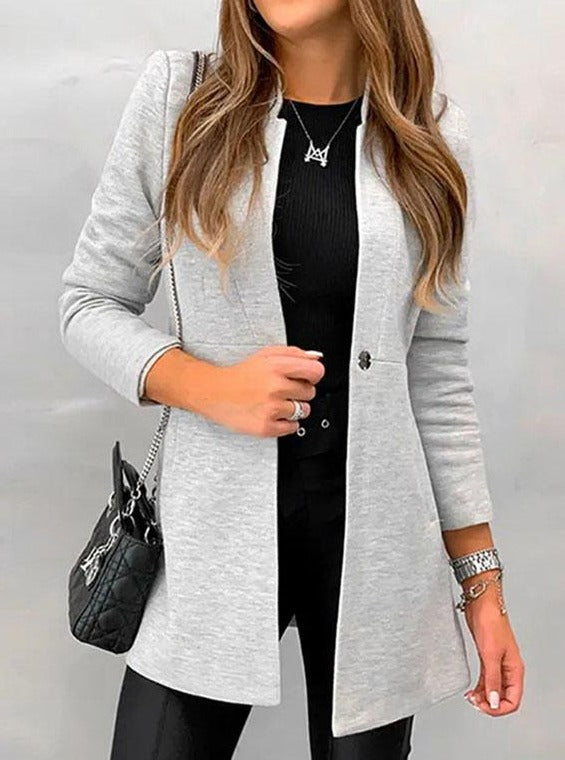 Office Solid Color Stand Up Long Regular Sleeve Buttoned Slim-fit Blazer for Women
