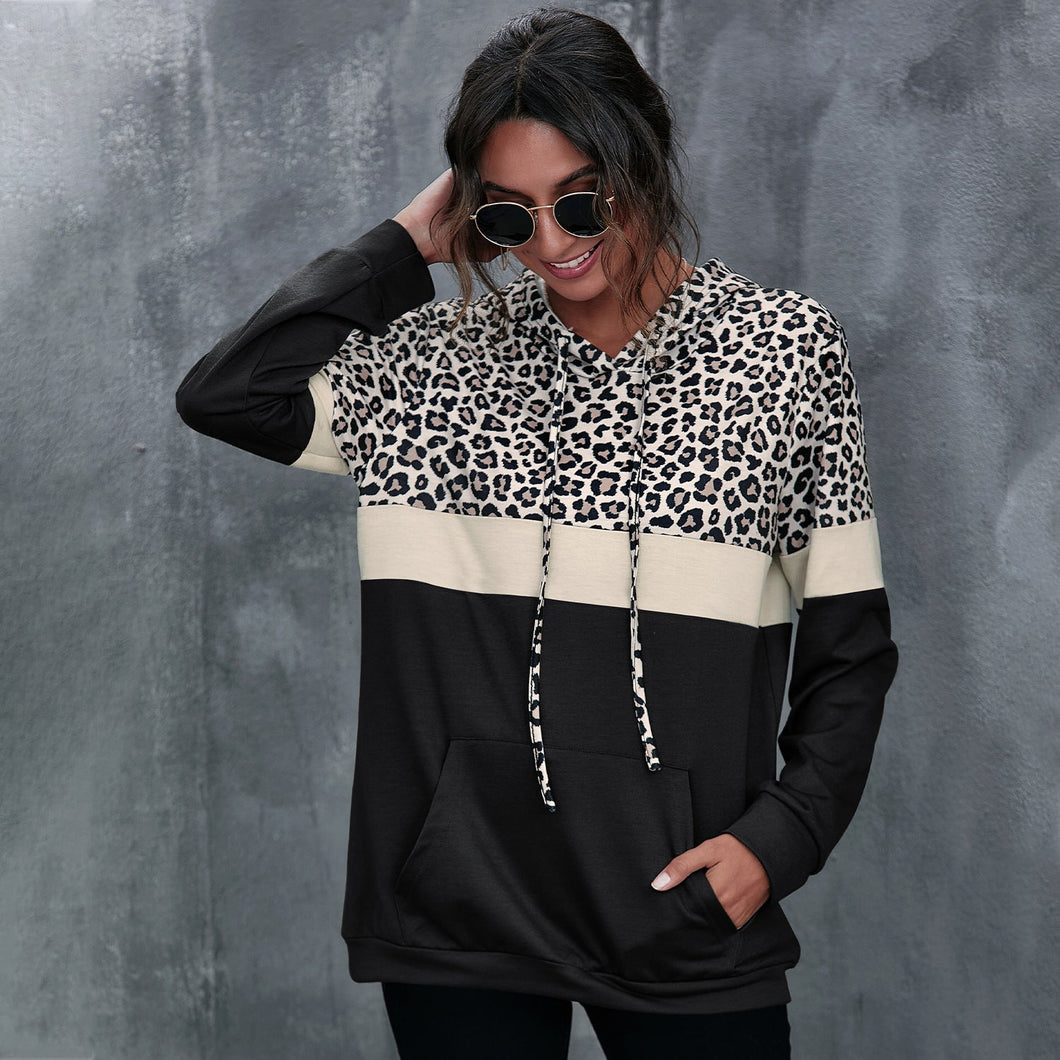 Long Sleeve Sweatshirt Leopard Print Panel Hooded Top