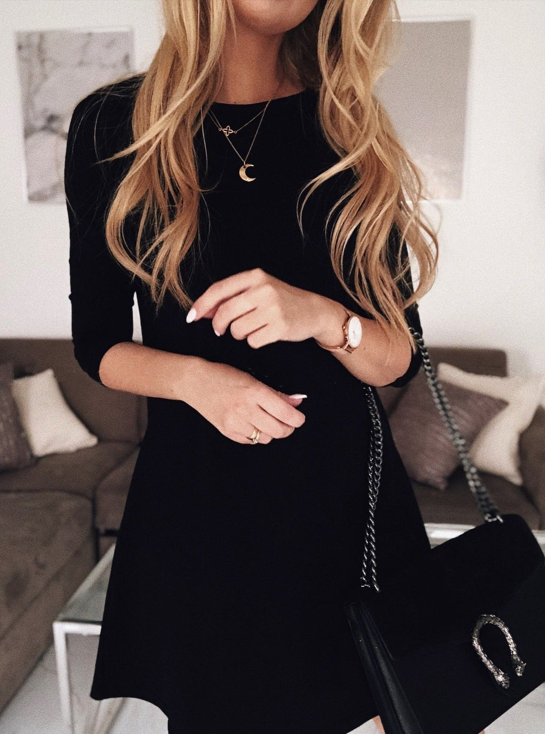 Elegant Polyester Simple Round Neck Black Dress