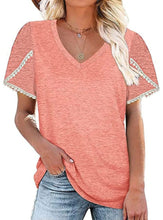 Load image into Gallery viewer, V-neck Lace Short-sleeved Shirt Loose Color Cotton Petal-sleeved T-shirt

