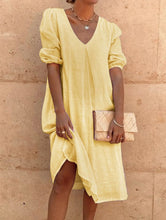Charger l&#39;image dans la galerie, Large Size Loose Solid Color Cotton And Linen V-Neck Short-Sleeved Dress
