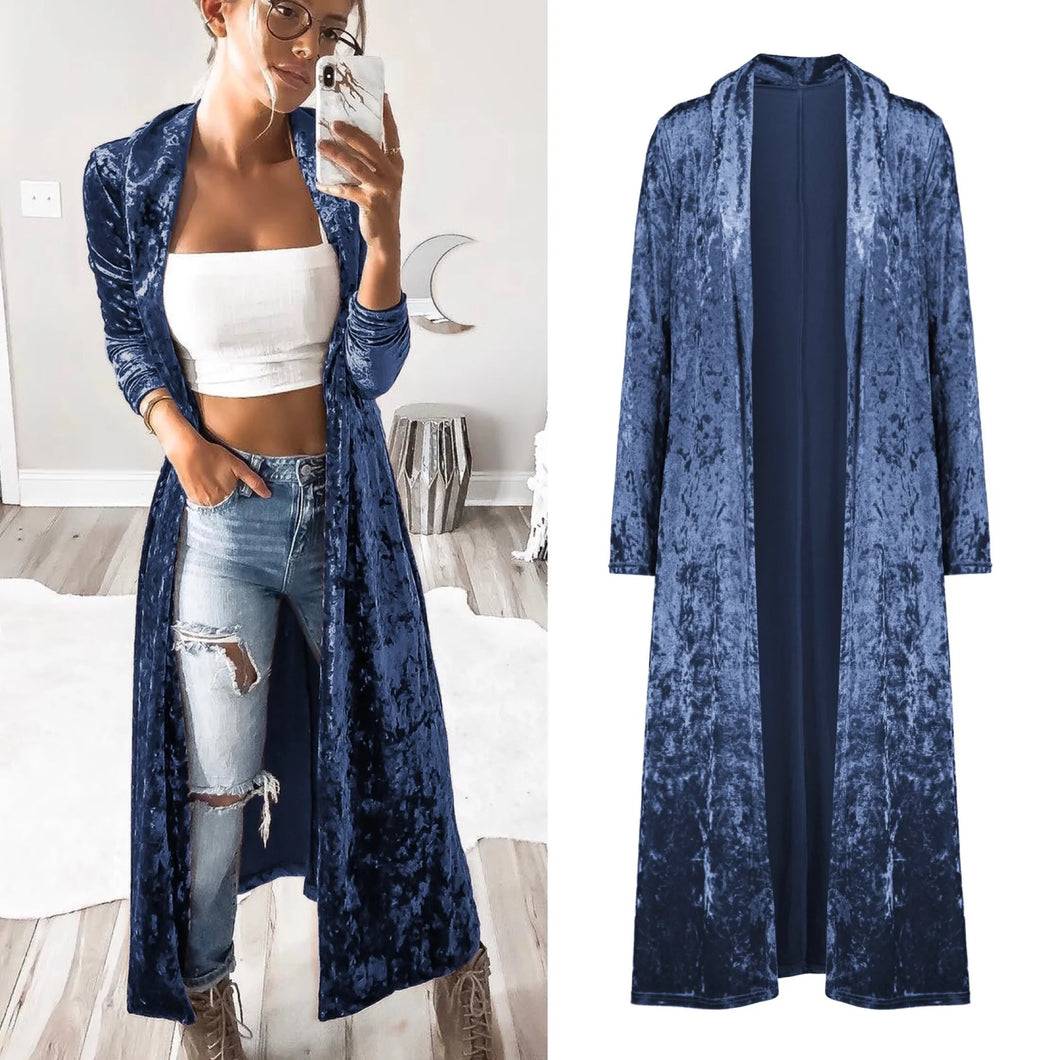 Lady‘s Fashion Long Sleeve Velvet Cardigan Windbreaker Long Coat