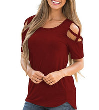 Load image into Gallery viewer, Color Cotton Casual Worn Hole Shoulder Tie T-shirt Woman
