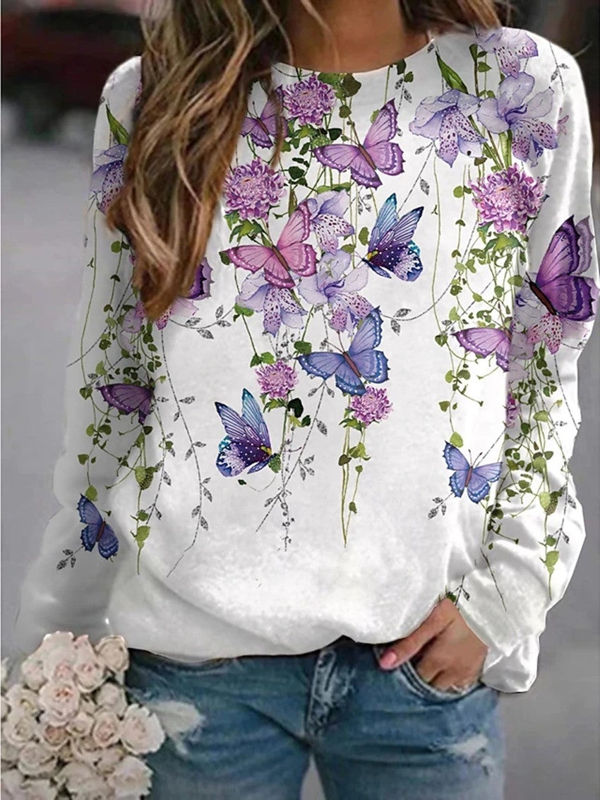 Women's Floral Butterfly Animal Print Round Neck Short Long Sleeve Sweatshirt