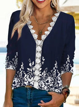 Load image into Gallery viewer, Loose And Comfortable Casual Lace V-neck Printed Women&#39;s T-shirt
