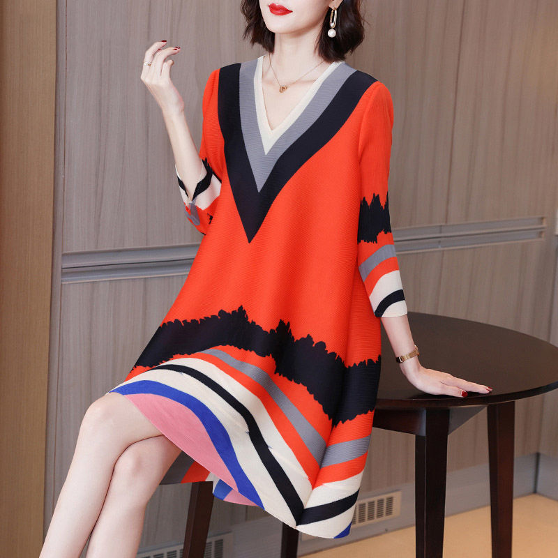 Women's Fashion Large Size Loose Casual Straight Skirt V-Neck Print Dress