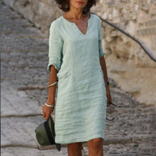 Charger l&#39;image dans la galerie, Summer New Style Cotton And Linen Solid Color V-Neck Mid-Sleeve Mid-Length Dress
