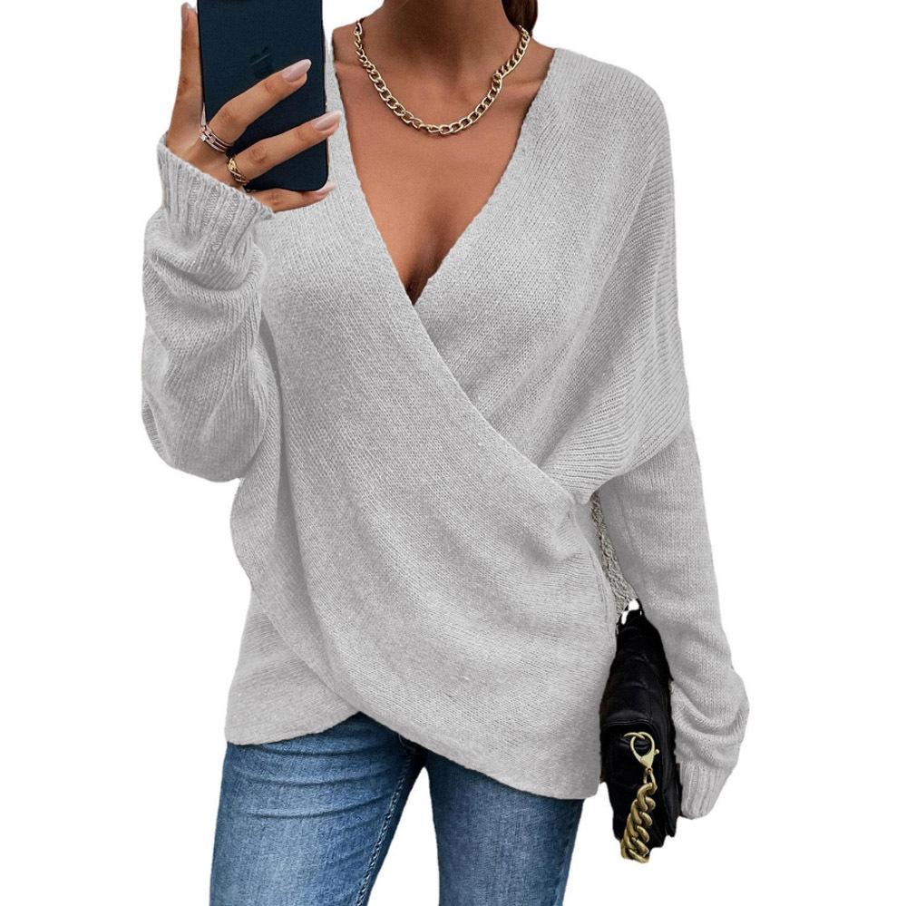 Fashion Solid Color V-neck Long Sleeve Cross Women's Knitted Sweater