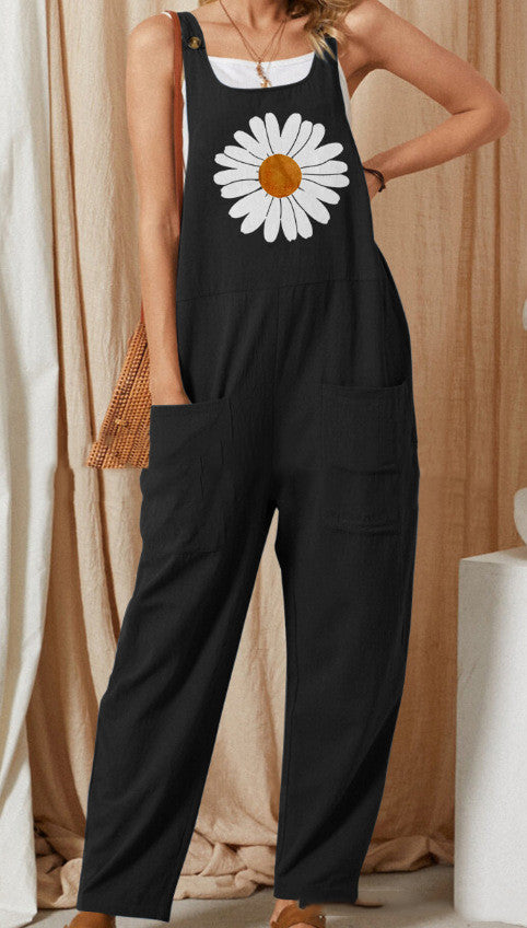 Women's Outer Flower Overalls Cotton Linen Buttons Jumpsuit