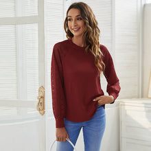 Load image into Gallery viewer, Round Neck Lace Stitching Waffle Long Sleeve Blouse Top
