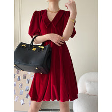 Load image into Gallery viewer, Vintage Red Bubble Sleeve Velvet Dress For Women
