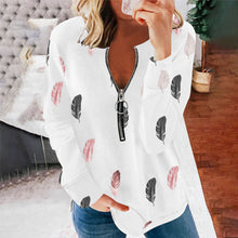 Load image into Gallery viewer, Women&#39;s V-neck Zipper Feather Print Long Sleeve Loose T-shirt
