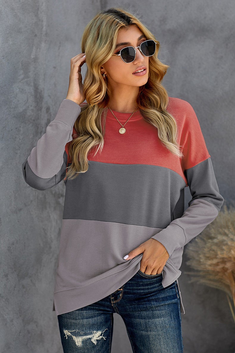 Contrasting Color Round Neck Long Sleeved Top Sweatshirt