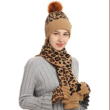 Load image into Gallery viewer, Winter Leopard Print Warm Knitted Wool Hat Scarf Gloves Three Piece Set
