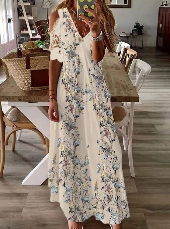 Women's Lace Short Sleeve Printed Long Dress
