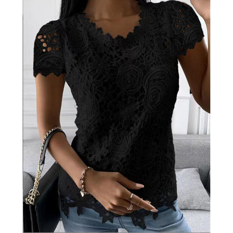 Fashion Solid Color Lace Shirt Short Sleeve Top