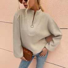 Load image into Gallery viewer, V-neck Sweater With Zipper Lantern Sleeves Sweater
