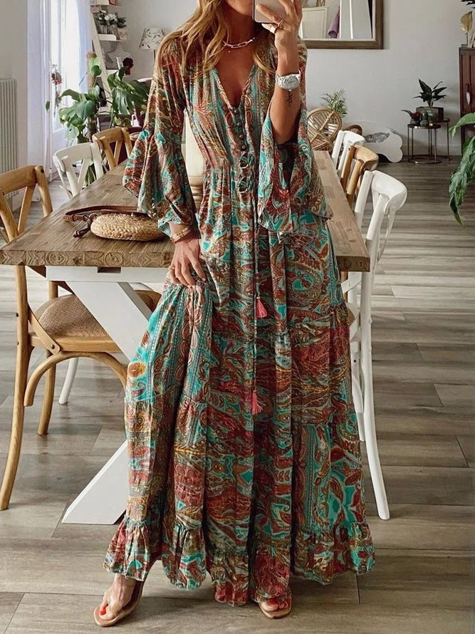 New Bohemian Vintage Printed High-Waisted Holiday Floral Dress For Women