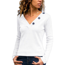 Load image into Gallery viewer, Ladies Casual V-Neck Buttons Decorated Solid Color Long Sleeve T-Shirt
