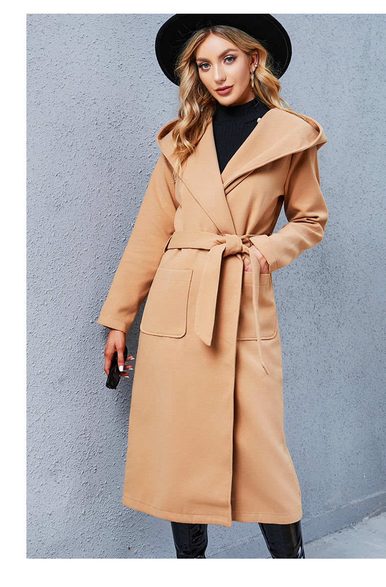 Loose Mid-length Woolen Coat With Hood