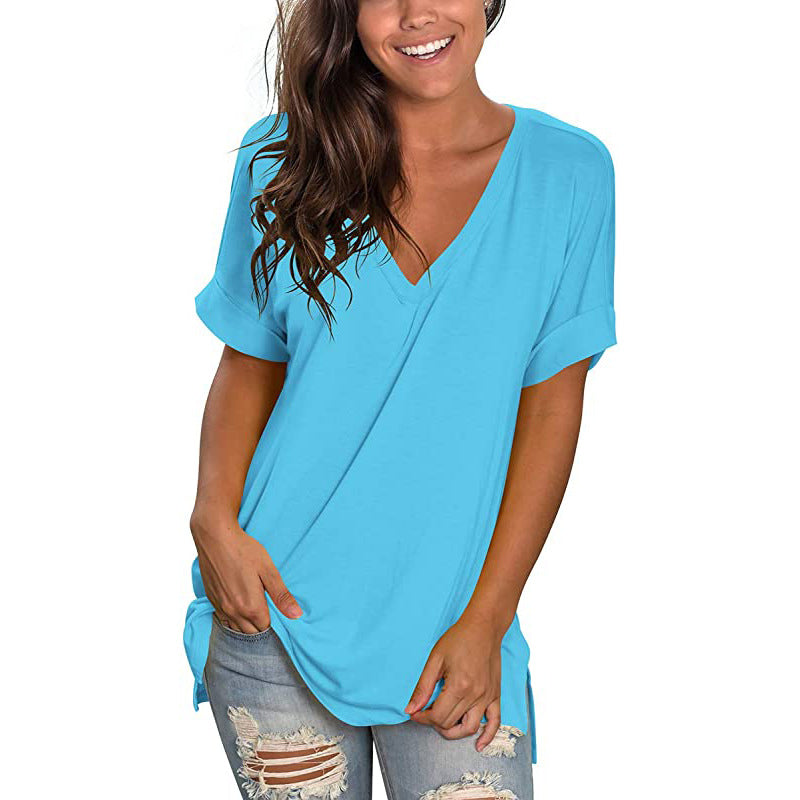 Women's V-neck Solid Color Short-sleeved Top Loose T-shirt
