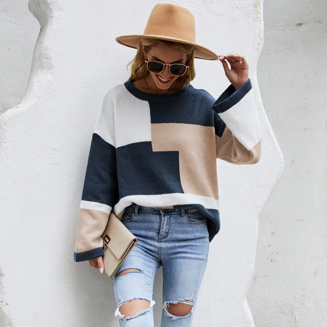 Plus Size Round Neck Color-blocking Pullover Sweater