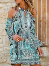 Load image into Gallery viewer, Bohemian Style Halter Neck Digital Print Dress Women&#39;s Off-the-shoulder Sleeves
