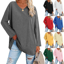 Load image into Gallery viewer, Solid Color Loose Drop Shoulder Sleeve V Neck Long Sleeve Sweatshirt
