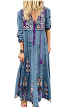 Load image into Gallery viewer, Bohemian Flowy V-neck Long Sleeve Cotton Blends Floral Patchwork Ankle Length Boho Dresses
