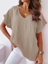 Load image into Gallery viewer, Solid Color Cotton And Linen Short-sleeved V-neck Shirt T-shirt For Women
