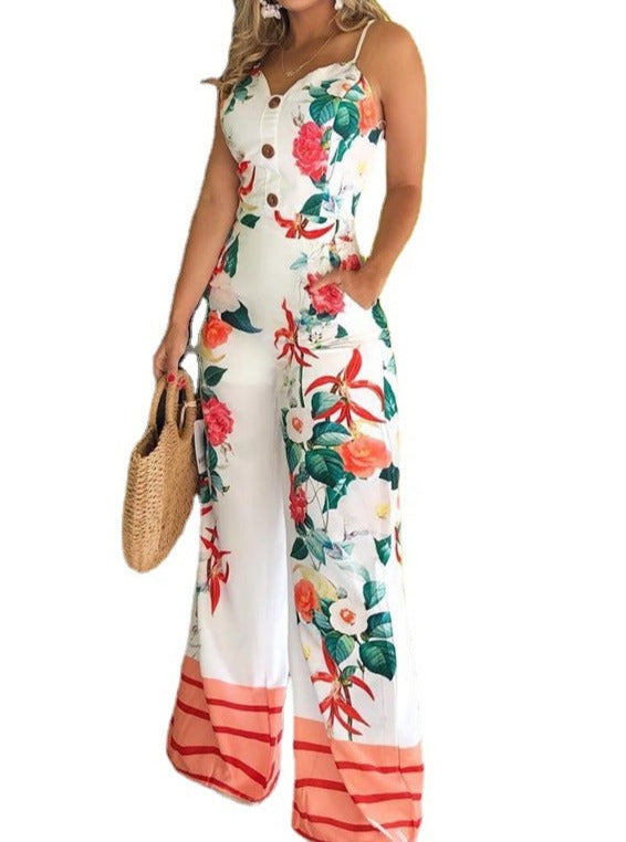Slim-fit Straight-leg Positioning Printed Jumpsuit With Suspenders