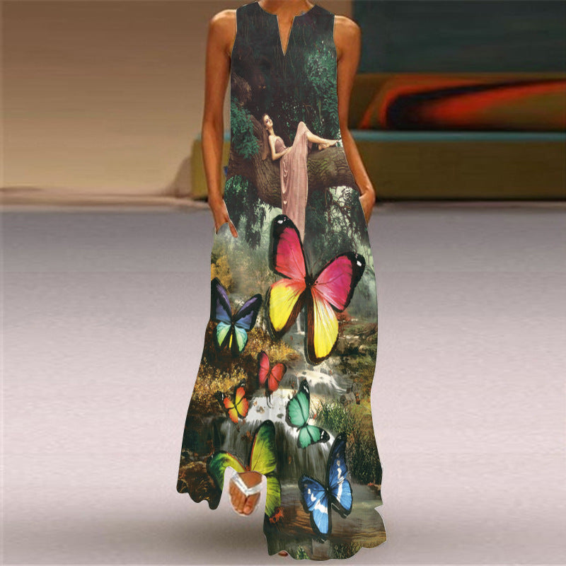 New Retro Print Long Dress V-neck Sleeveless Summer Sexy Dress With Pockets
