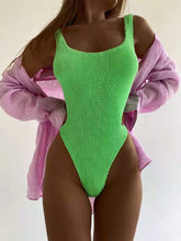 Load image into Gallery viewer, Fabric Wrinkle Champray Wavy Stripes Candy Color One-piece Swimsuit Women&#39;s Fluorescent Pleated Champray Swimsuit
