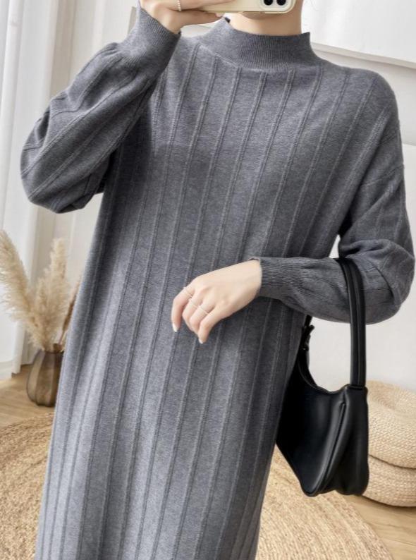 Elegant Round Neck Long Sleeve Plain Polyester Long Sweater Dress
