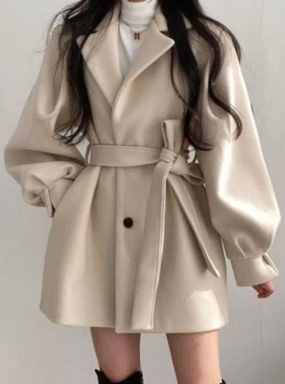 Loose Wind Coat Women's Woolen Coat With Suit Collar Mid-length And Small Woolen Coat