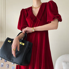 Load image into Gallery viewer, Vintage Red Bubble Sleeve Velvet Dress For Women
