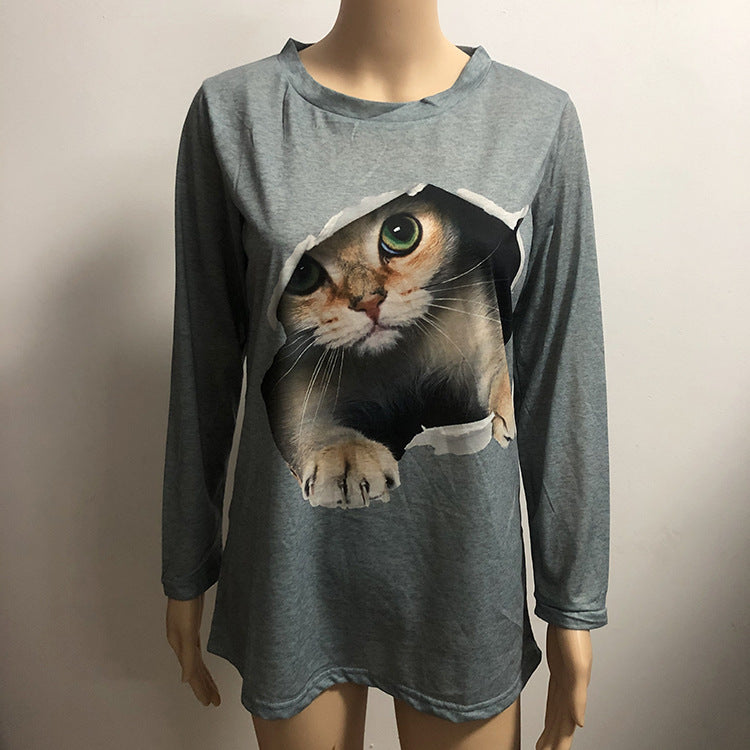 Women's Fashion Round Neck Pullover Long Sleeve Cat Print T-Shirt