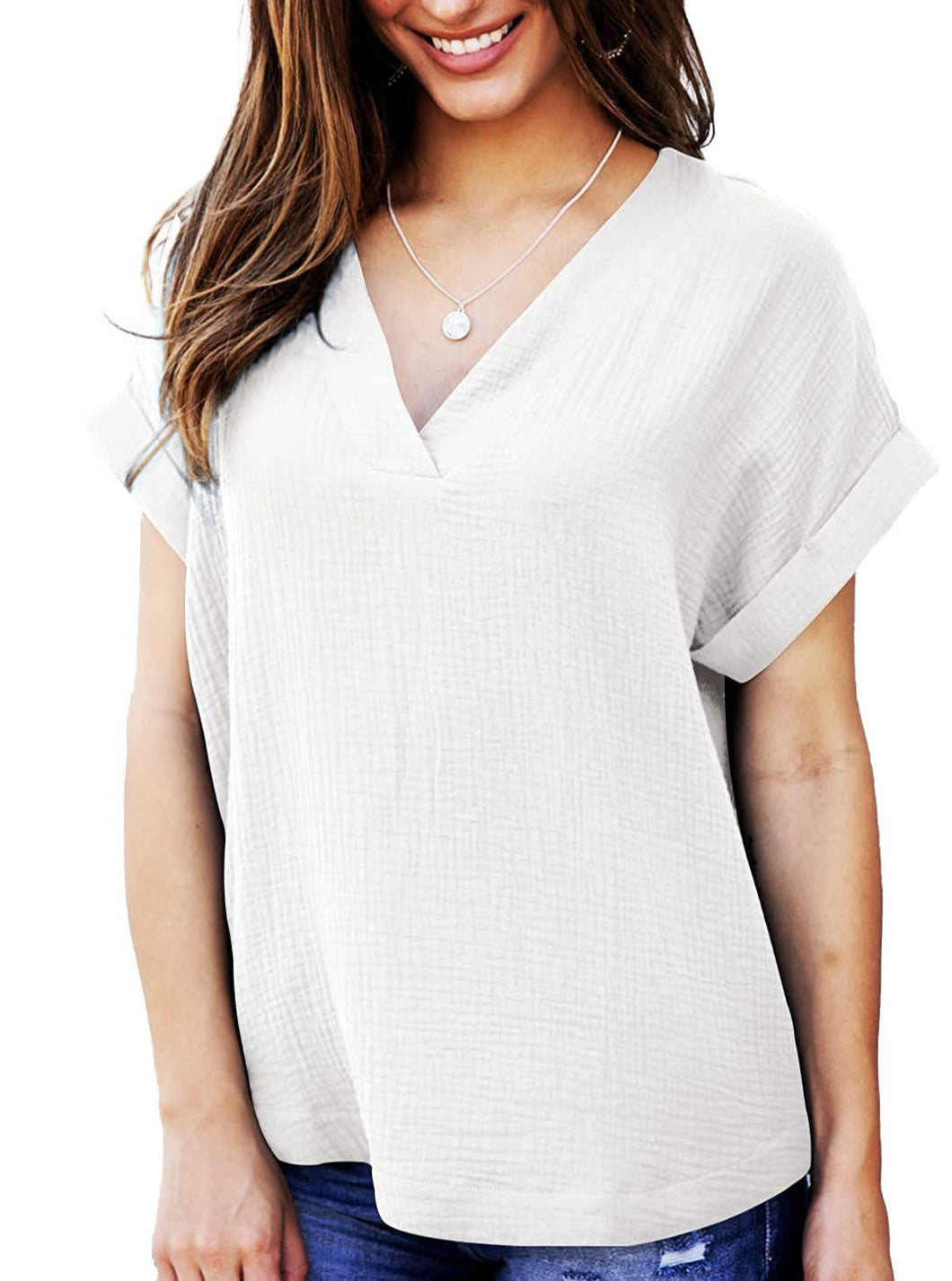Short Sleeve V Neck Loose Shirt Solid Color Casual Top Women