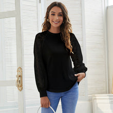 Load image into Gallery viewer, Round Neck Lace Stitching Waffle Long Sleeve Blouse Top
