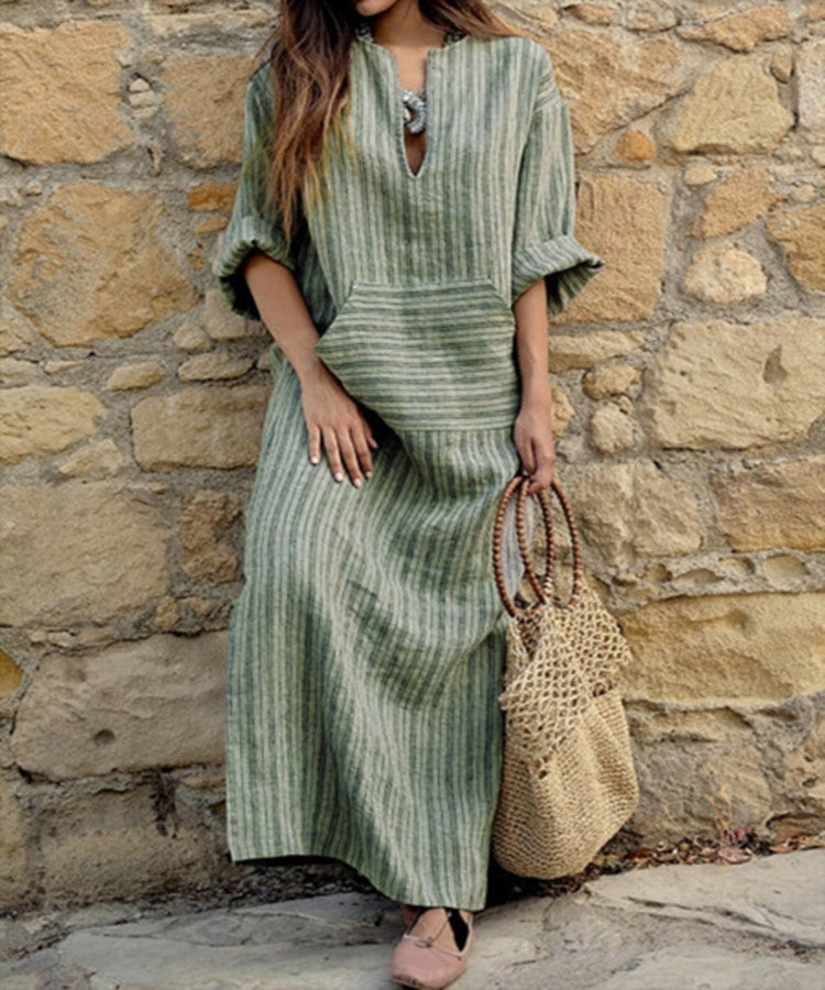 New Cotton And Linen Yarn-dyed Striped Loose Long Dress